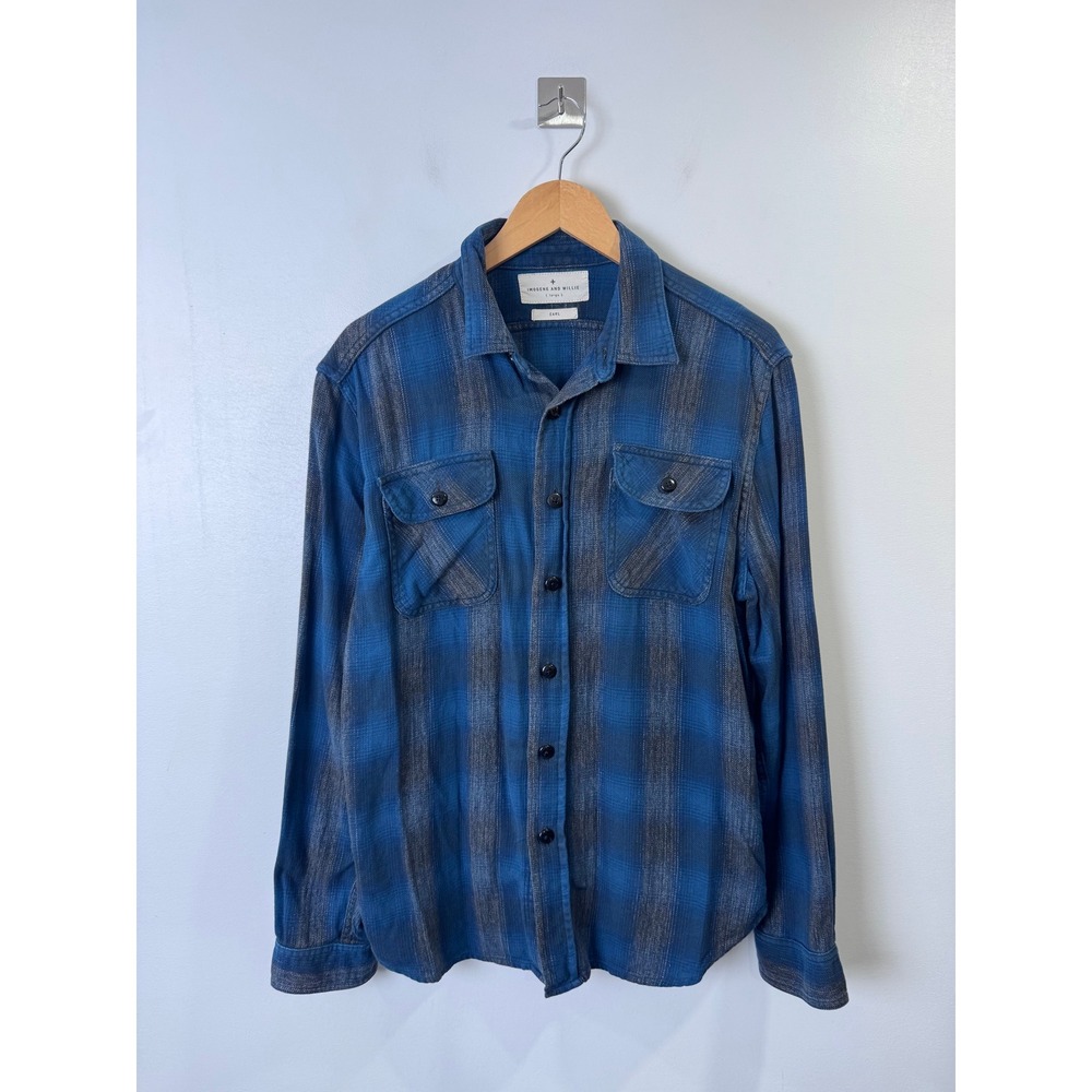 Imogene Willie Men Blue Plaid Earl Flannel Button Up Shirt Large